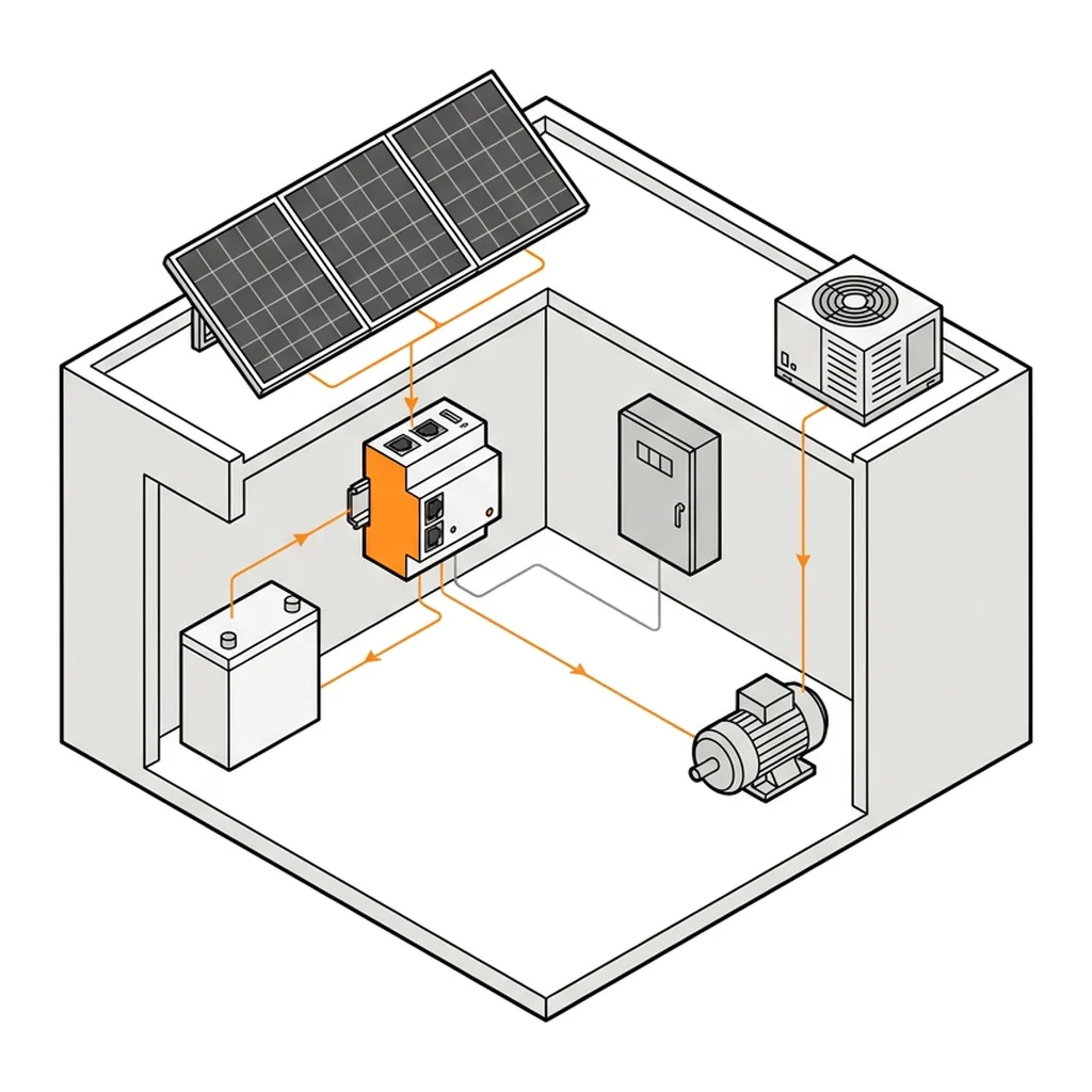 Coupe d'un site : solaire, batterie, agent énergétique, tableau, CVC et moteur