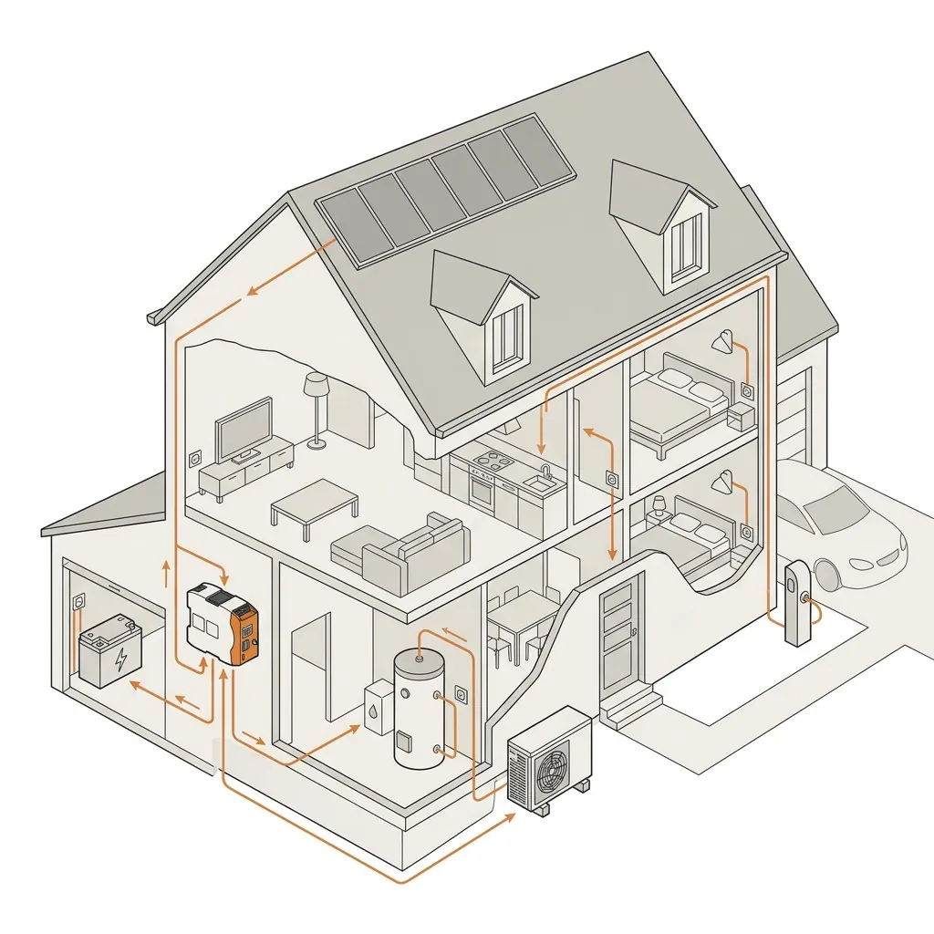 Coupe d'une maison : solaire, batterie, gestionnaire, chaleur et recharge