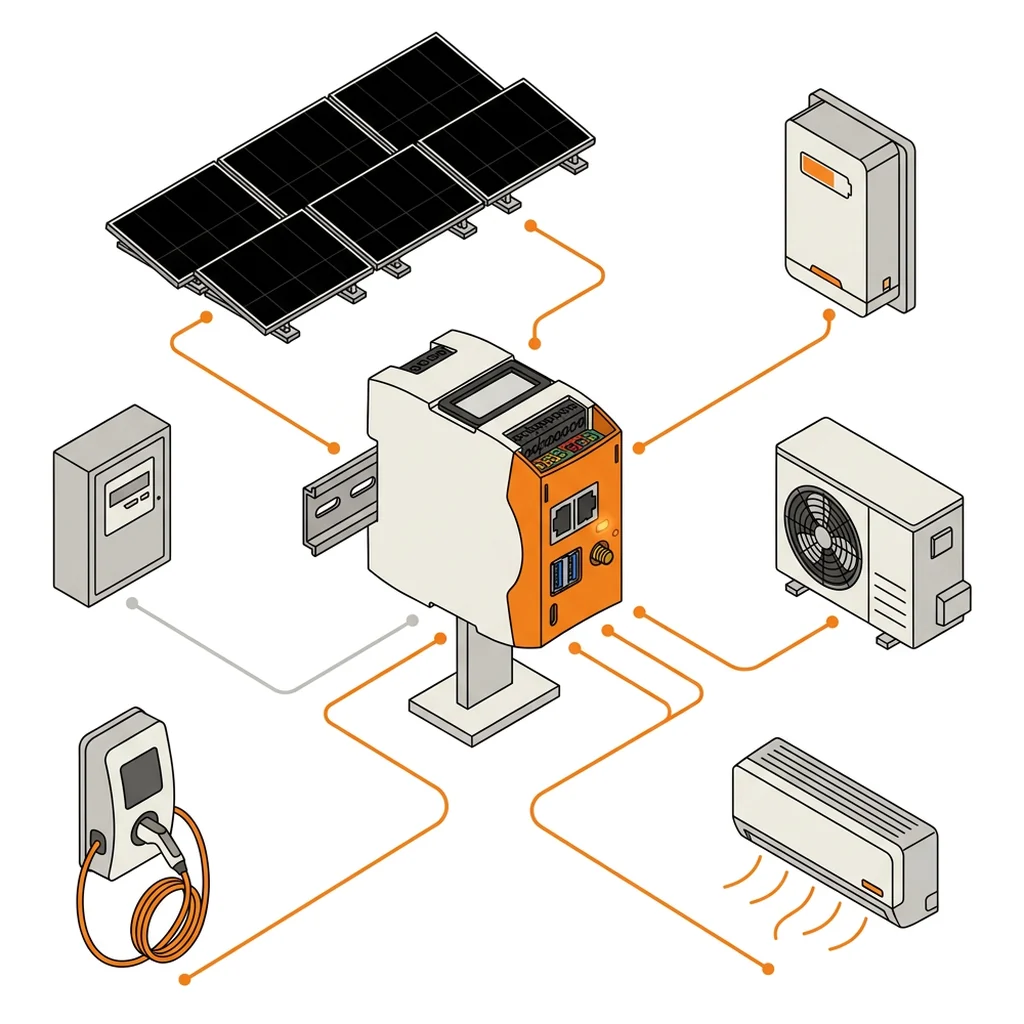 Le gestionnaire d'énergie au centre, relié au solaire, à la batterie, au tableau, à la pompe à chaleur, à la climatisation et à la borne de recharge
