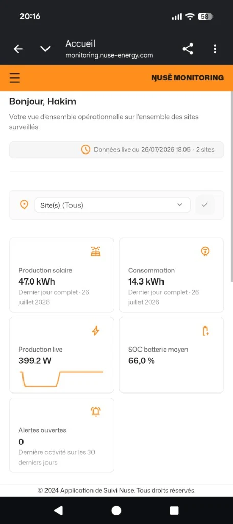 Interface Nuse Monitoring sur mobile : vue d'ensemble